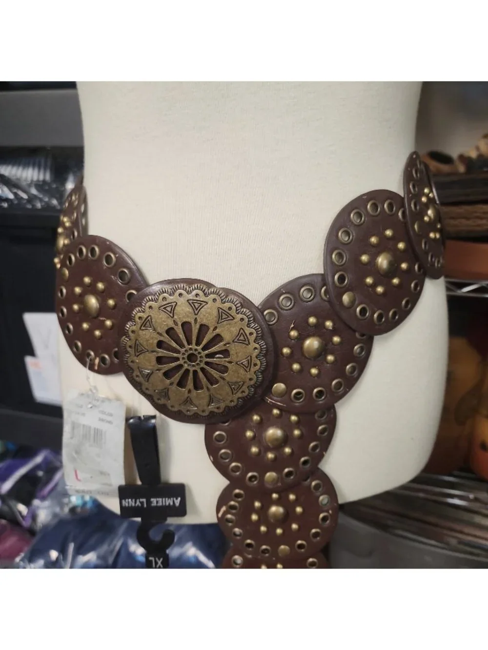 Women's Western Brown Concho Belt Brass Medallion and Buckle Accents XL 47